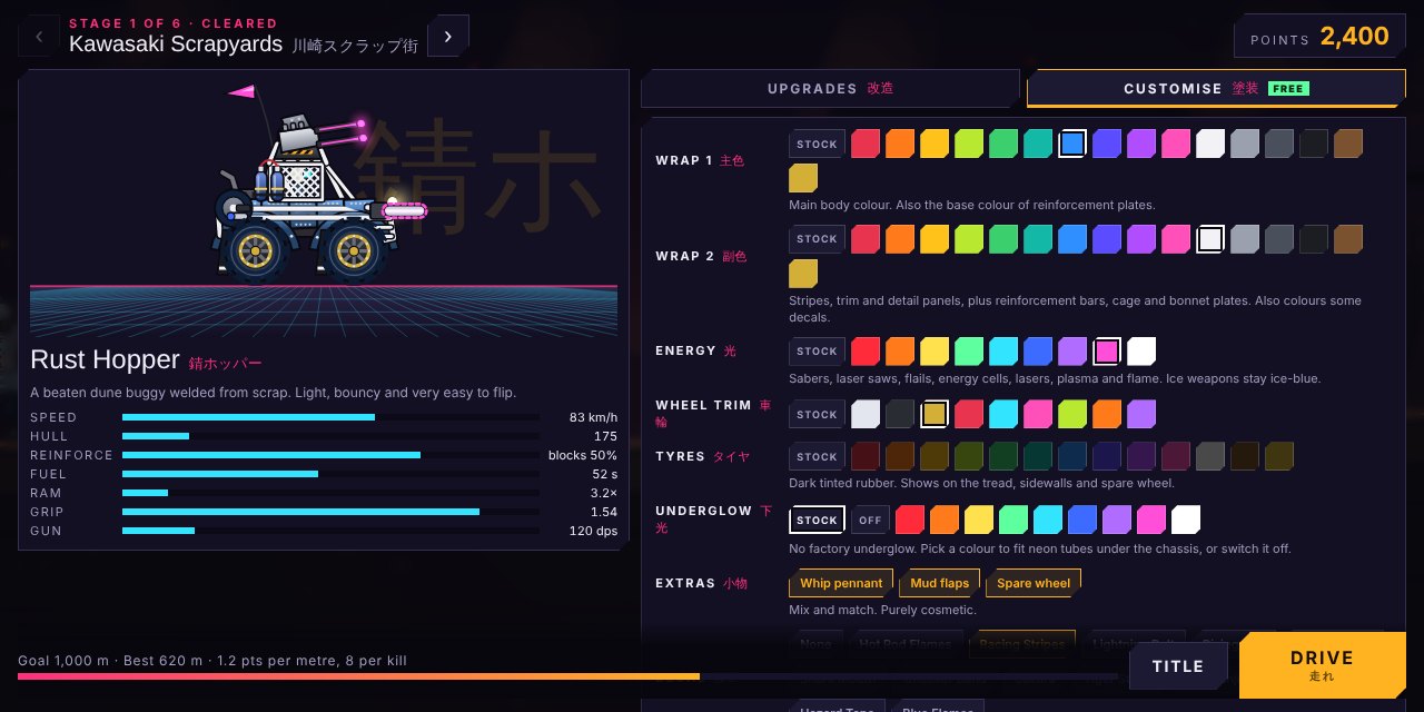 The garage Customise tab: a blue Rust Hopper with white racing stripes, gold wheel trims, navy tyres, a whip pennant and a spare wheel, next to colour swatches, tyre tints and extras