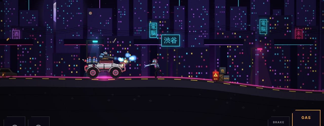 The white Kitsune GT with its fox-tail wing torching zombies on the neon Neo-Shibuya skyway