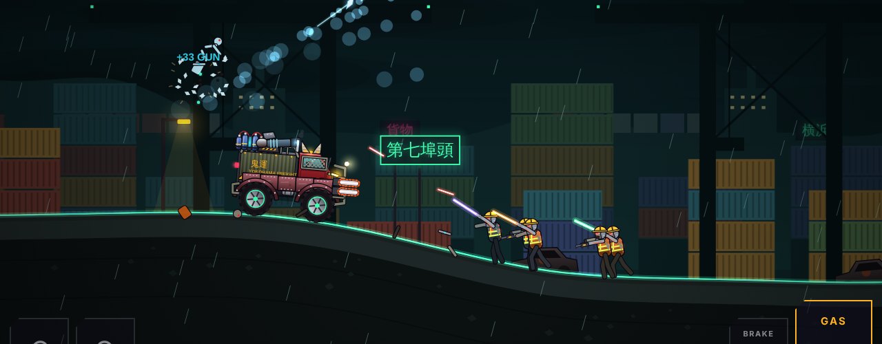 The horned Oni Hauler truck in the rain at the Yokohama docks as saber-wielding dockers charge