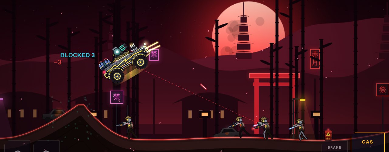 The supercharged Raijin muscle car, chrome blower stacks glowing, launching off a ramp under a giant red moon in Kyoto