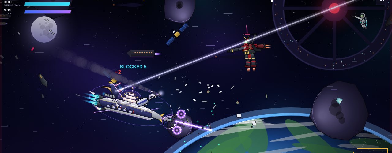 The Tsukuyomi flagship flying free through an asteroid field above the Earth, fighting jetpack zombie astronauts and samurai zombie mechas while other ships battle in the background